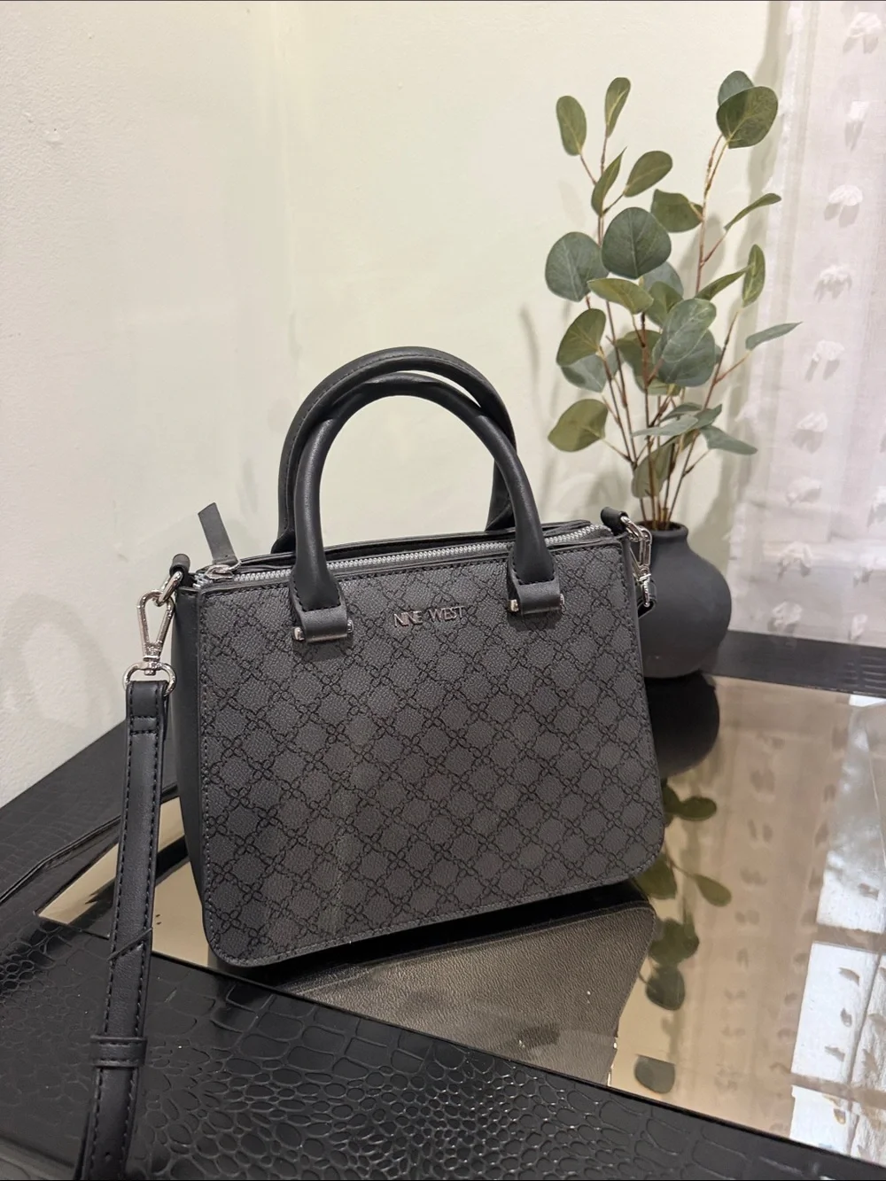 Nine West Black Monogram Top-Handle Satchel